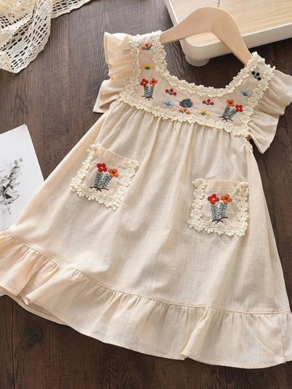 Girls Sleeveless Embroidered Pocket Dress